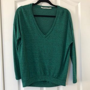 Gibson Small Green and Black Heathered V Neck Long Sleeve Sweater